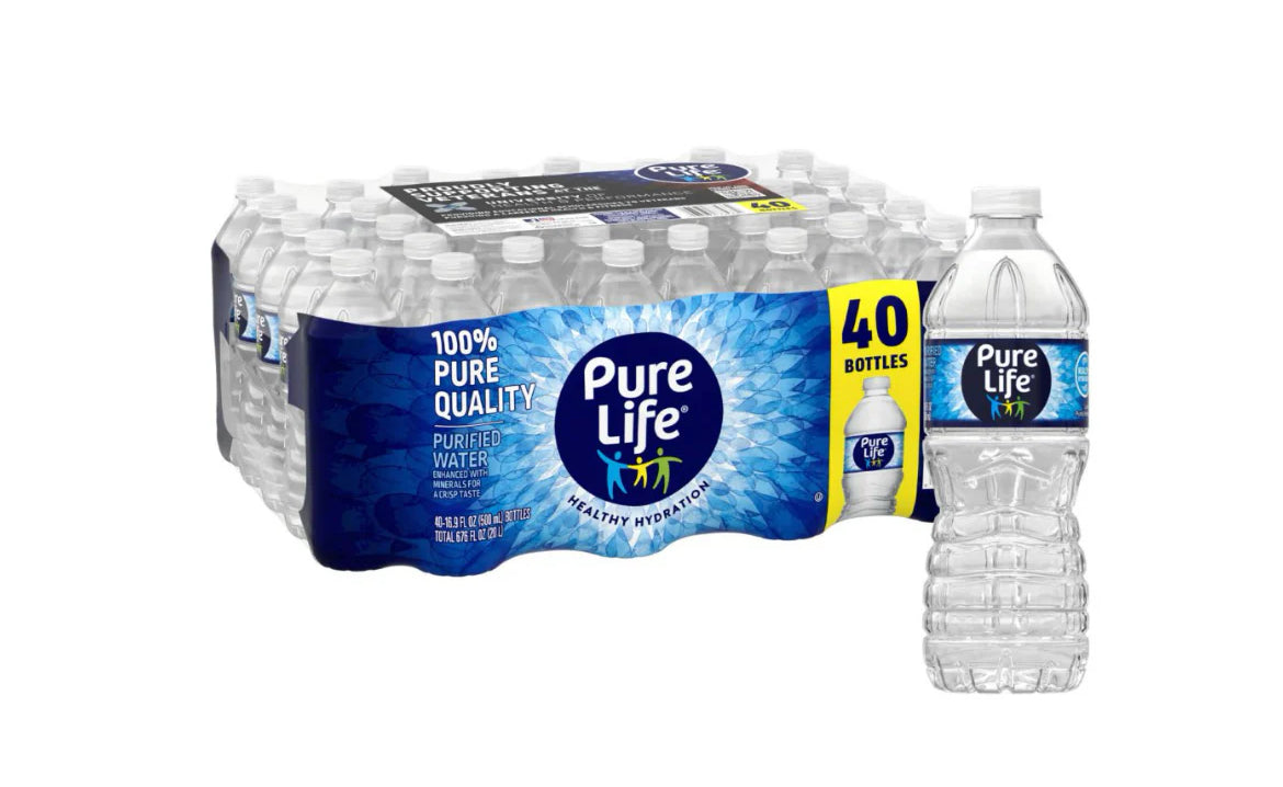 PURE LIFE(16.9 OZ BOTTLES) FULL PALLET, HALF PALLET, & 10 CASE OPTIONS/40Pk 16.9 oz Purified Drinking Water