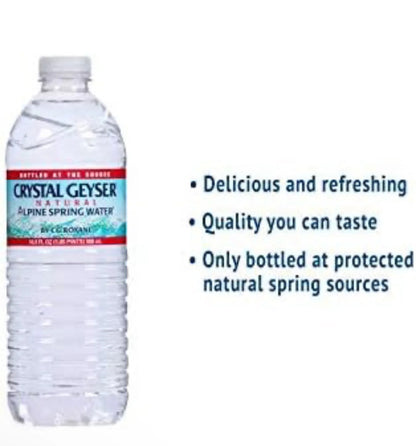 CRYSTAL GEYSER ALPINE SPRING WATER(16.9OZ BOTTLES) FULL PALLET, HALF PALLET, & 20 CASE OPTIONS/24 Pk 16.9 oz Bottled at the Source